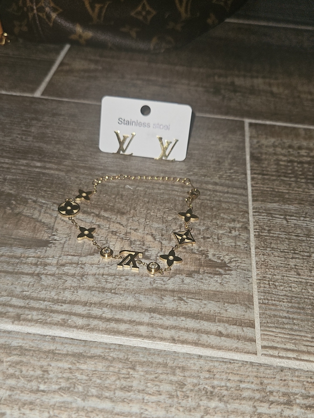 Gold Logo Charm Bracelet and Stud Earring Set - Designer Inspired